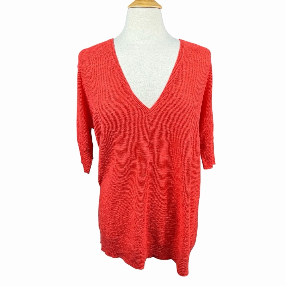 Eileen Fisher Tunic Sz Medium Coral V-Neck Lightweight Sweater Sheer Linen Blend
